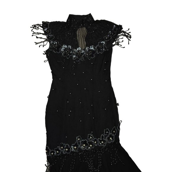 Vintage Silk Beaded Evening Gown By Gene Roye Size 6 Black With Floral Embellish - Picture 9 of 13